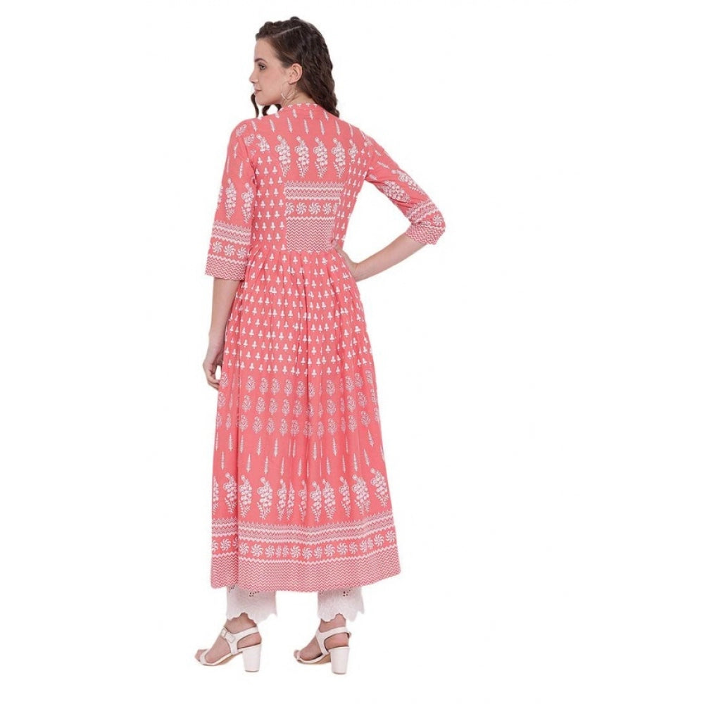 Generic Women's Cotton Printed Regular Kurti (Peach, Cotton)