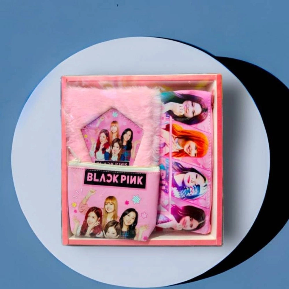 3 in 1 Black Pink BTS Stationery Set With 2 Pouchs And 1 Packet Dairy | Soft Furr | Stationery | 5+ Years