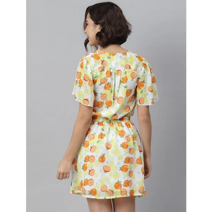 Generic Women's Polyester Printed Flutter Above Knee Dress (Orange - Yellow)