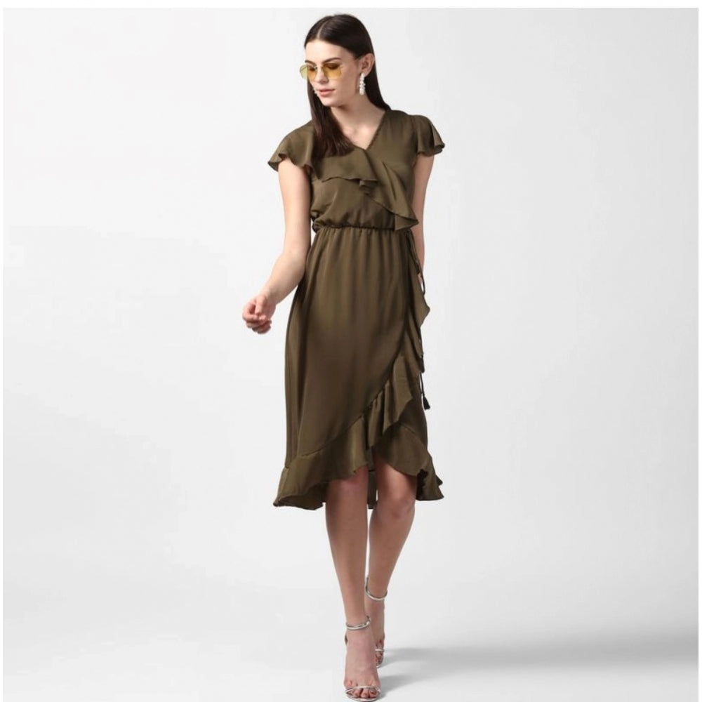 Generic Women's Polyester Ruffled Cap Sleeve Knee-Length Dress (Olive)