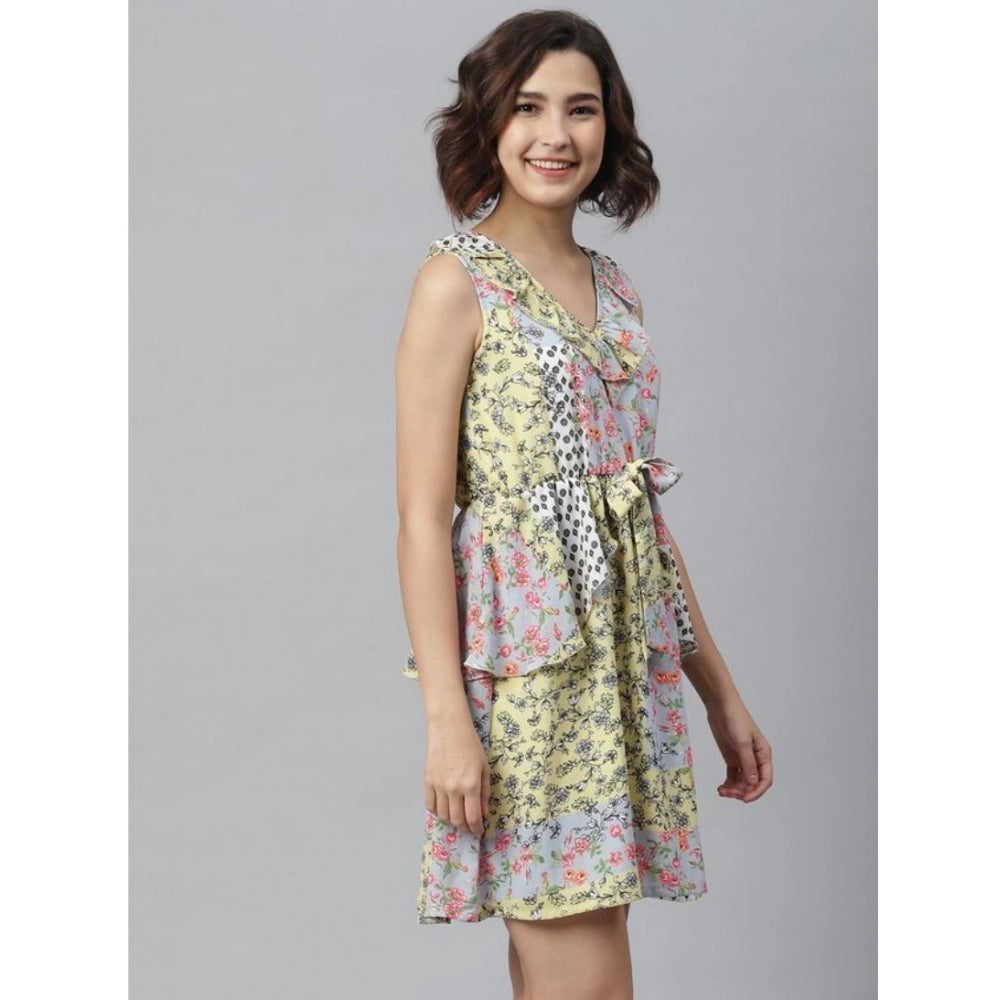 Generic Women's Polyester Peplum Sleeveless Above Knee Dress (Multicolor)