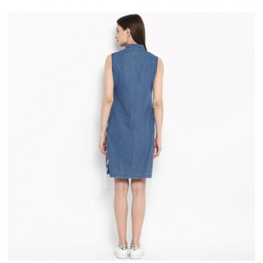 Generic Women's Denim Solid Sleeveless Above Knee Dress (Blue)