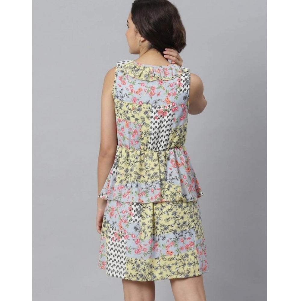 Generic Women's Polyester Peplum Sleeveless Above Knee Dress (Multicolor)