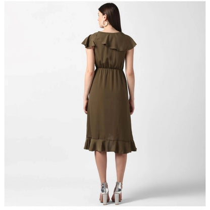 Generic Women's Polyester Ruffled Cap Sleeve Knee-Length Dress (Olive)