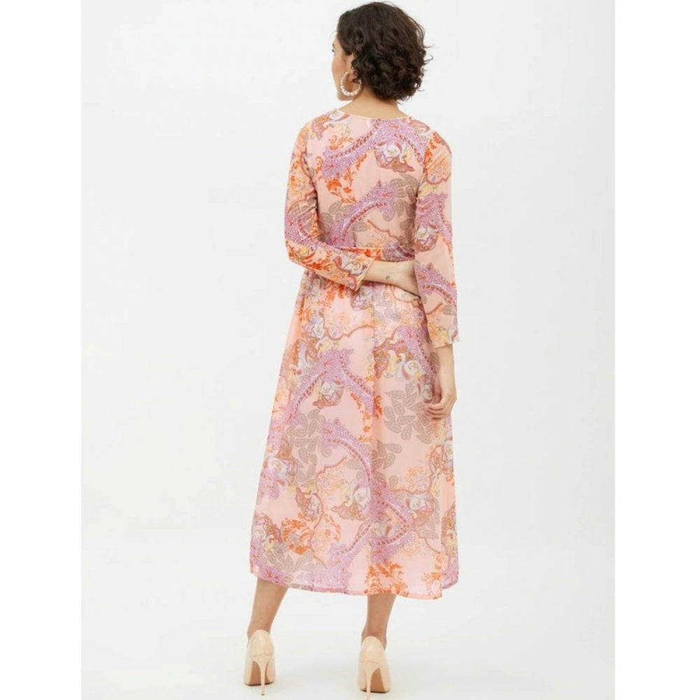 Generic Women's Polyester Printed Long Sleeves Calf-length Dress (Multicolor)