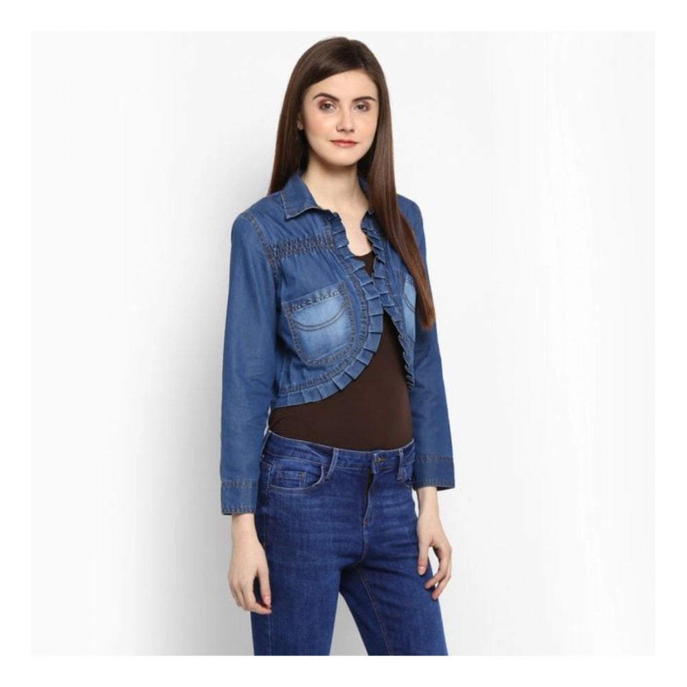 Generic Women's Denim Pleated 3-4th Sleeves Shrug (Blue)