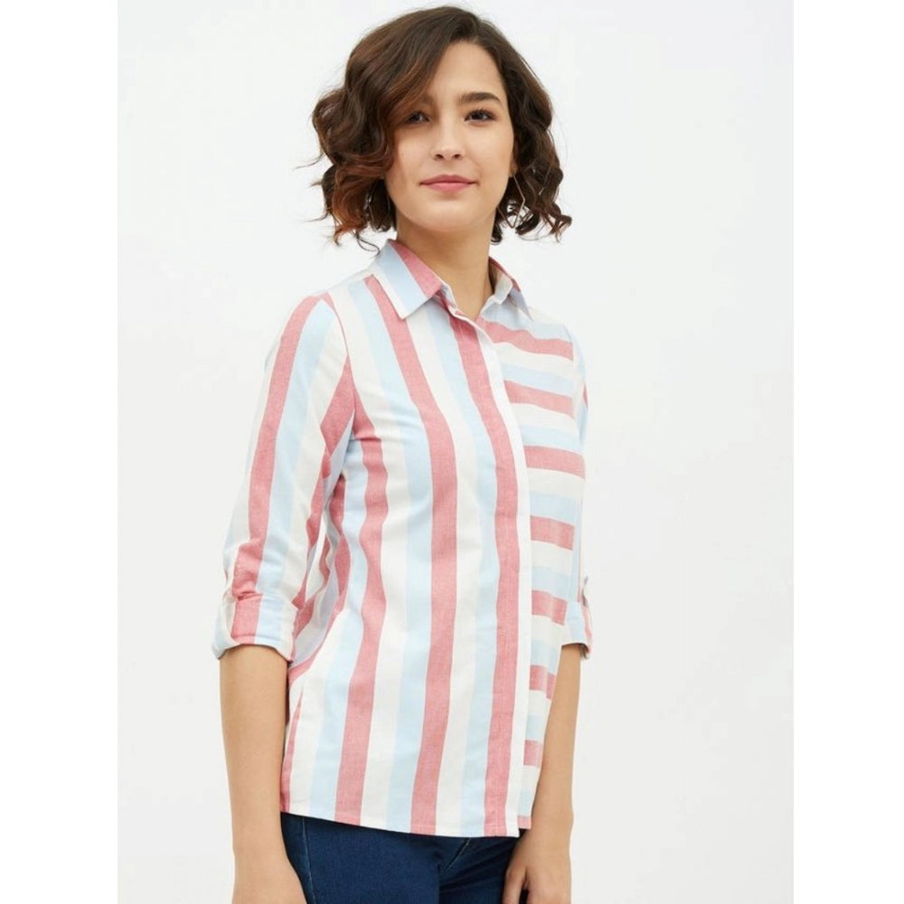 Generic Women's Cotton Striped Long Sleeves Standard Length Shirt (Pink)
