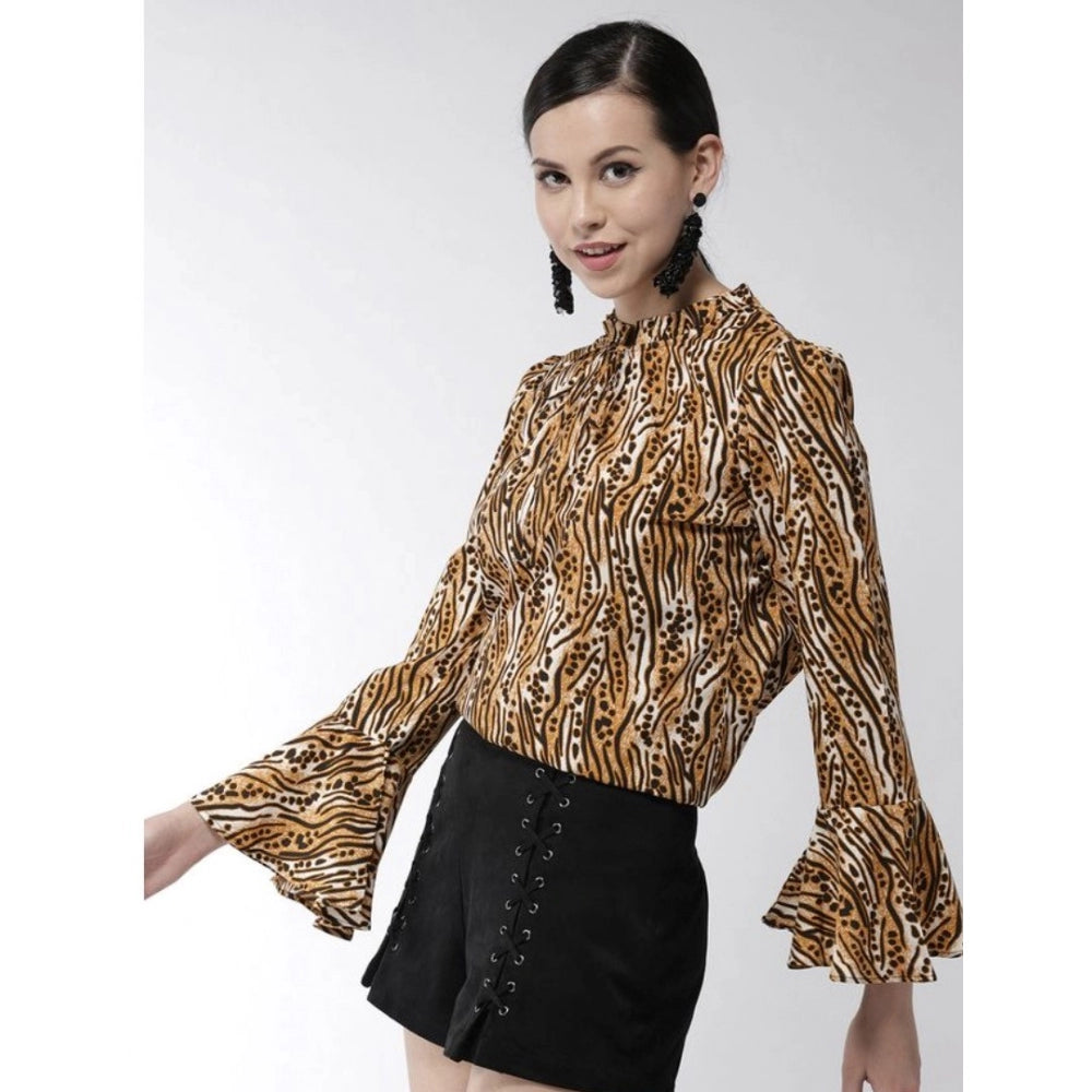 Generic Women's Polyester Printed Bell Sleeve Top (Orange - Black)