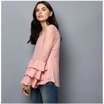 Generic Women's Polyester Solid Tier Sleeve Top (Pink)