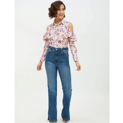 Generic Women's Polyester Floral Cold Shoulder Standard Length Shirt (White)