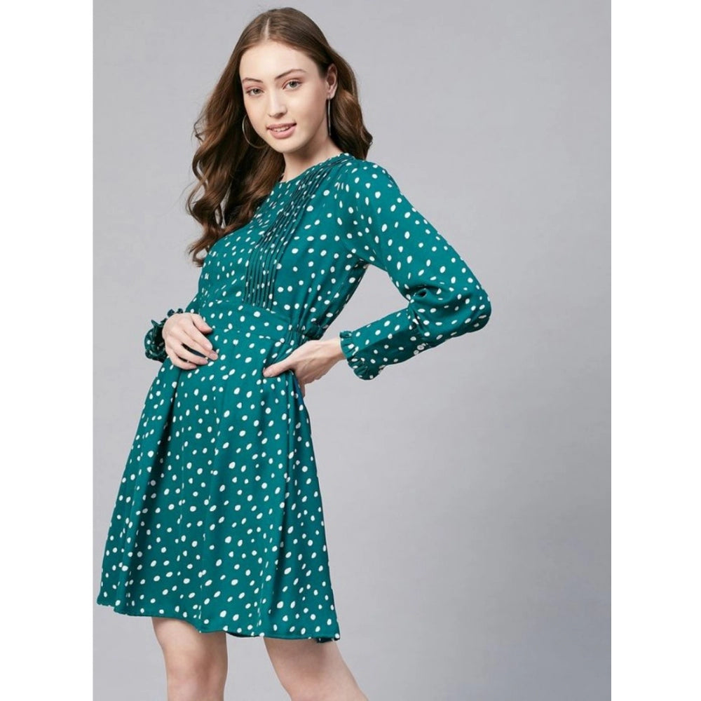 Generic Women's Polyester Polka Long Sleeves Above Knee Dress (Green - White)