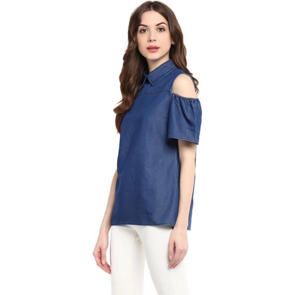 Generic Women's Denim Solid Cold Shoulder Regular Top (Blue)
