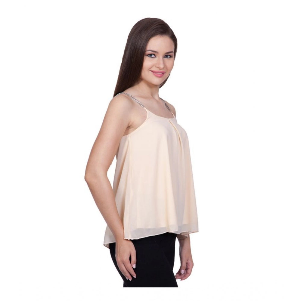 Generic Women's Polyester Solid Shoulder Straps Regular Top (Beige)