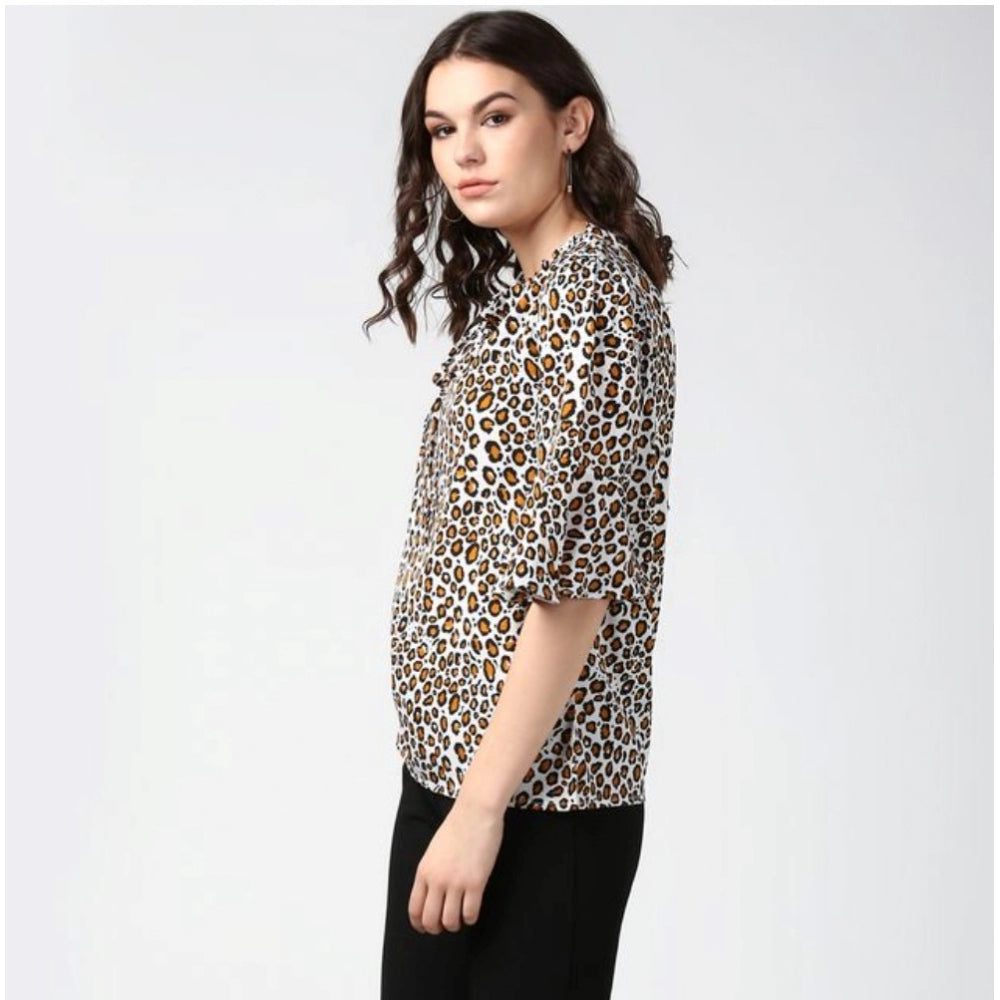 Generic Women's Polyester Animal Print Bell Sleeve Top (Orange - Black)
