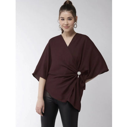 Generic Women's Polyester Solid Cape Sleeve Top (Maroon)
