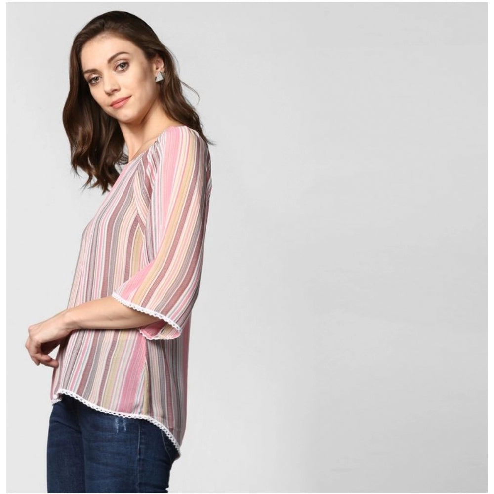 Generic Women's Polyester Striped 3-4th Sleeves Top (Pink)