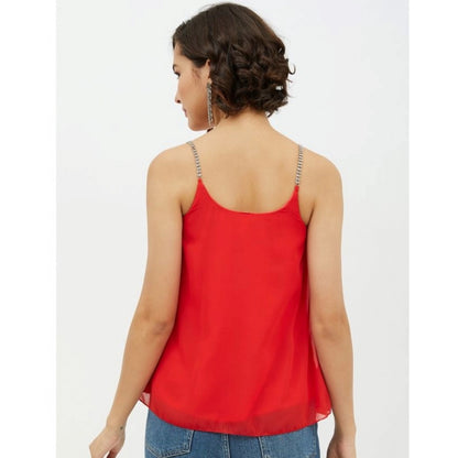 Generic Women's Polyester Embellished Shoulder Straps Top (Red)