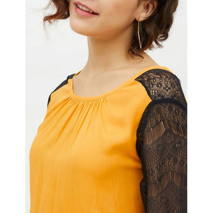 Generic Women's Rayon Lace Inserts Long Sleeves Top (Yellow)