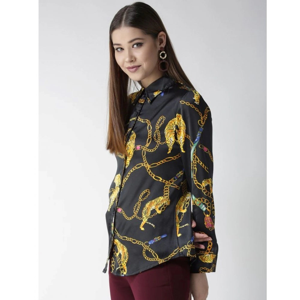 Generic Women's Satin Printed Long Sleeves Standard Length Shirt (Black - Gold)