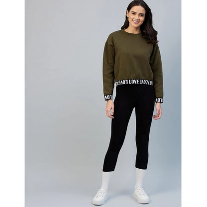 Generic Women's Fleece Solid Long Sleeves Sweatshirt (Olive)