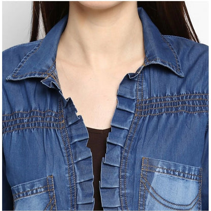 Generic Women's Denim Pleated 3-4th Sleeves Shrug (Blue)
