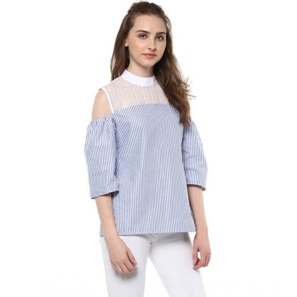 Generic Women's Cotton Striped Cold Shoulder Top (Blue)