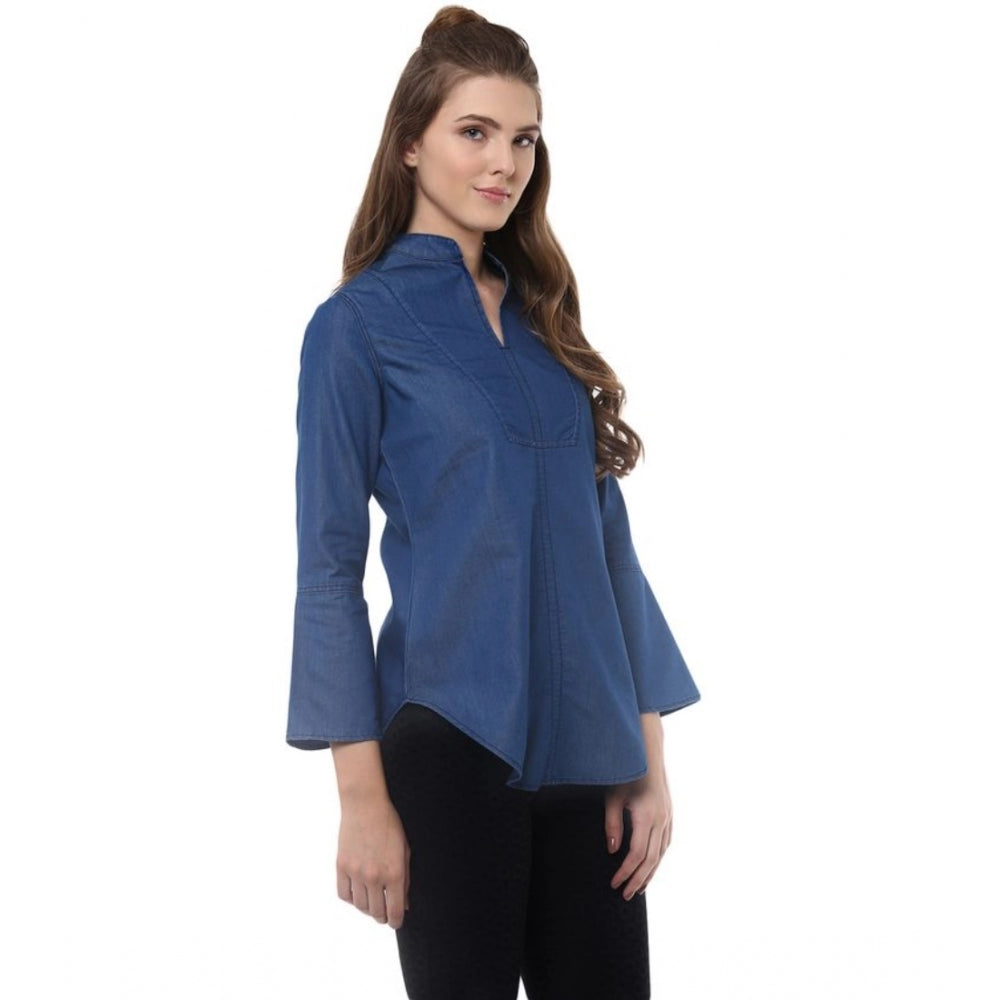 Generic Women's Denim Solid Bell Sleeve Regular Top (Blue Denim)