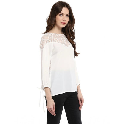 Generic Women's Polyester Georgette Self Design 3-4th Sleeves Regular Top (White)