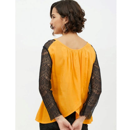 Generic Women's Rayon Lace Inserts Long Sleeves Top (Yellow)