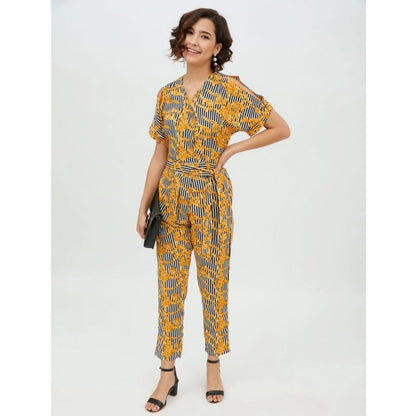 Generic Women's Polyester Printed Half Sleeve Long Jumpsuit (Yellow)