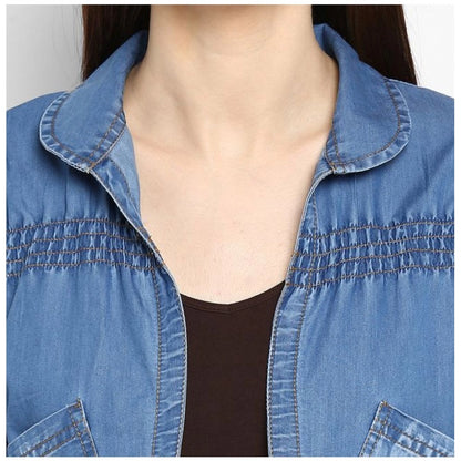 Generic Women's Denim Smocking 3-4th Sleeves Shrug (Blue)