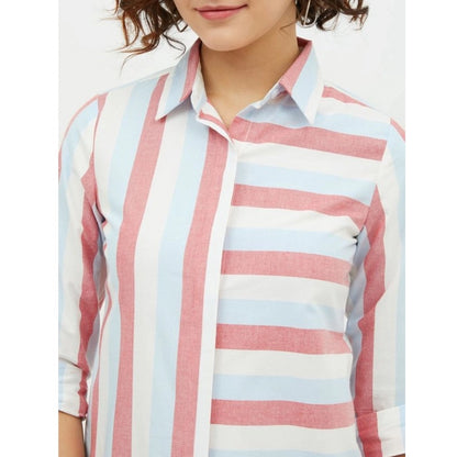 Generic Women's Cotton Striped Long Sleeves Standard Length Shirt (Pink)