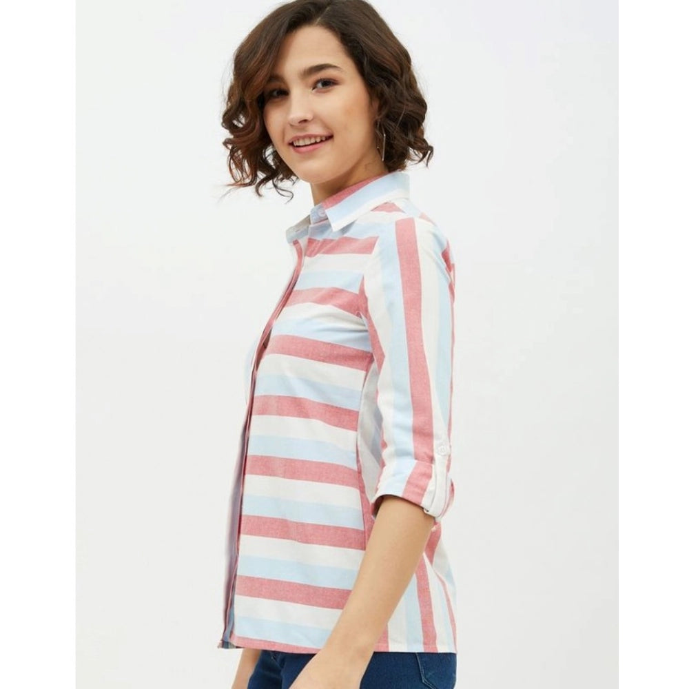 Generic Women's Cotton Striped Long Sleeves Standard Length Shirt (Pink)