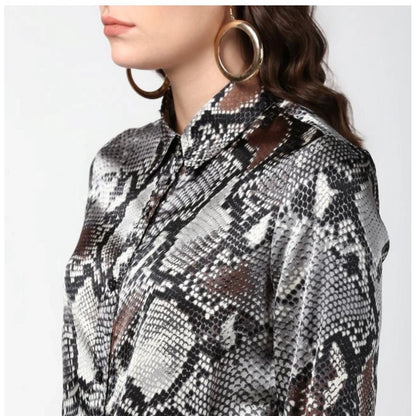 Generic Women's Satin Animal Print Long Sleeves Standard Length Shirt (Black - Grey)