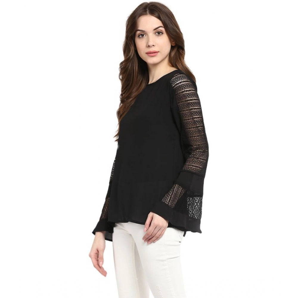 Generic Women's Polyester Georgette Self Design Bell Sleeve Regular Top (Black)