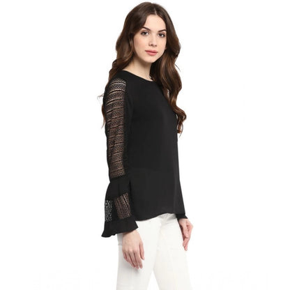 Generic Women's Polyester Georgette Self Design Bell Sleeve Regular Top (Black)