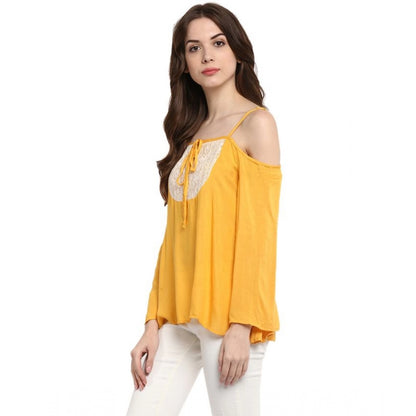 Generic Women's Rayon Embellished Cold Shoulder Regular Top (Mustard Yellow)