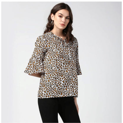 Generic Women's Polyester Animal Print Bell Sleeve Top (Orange - Black)