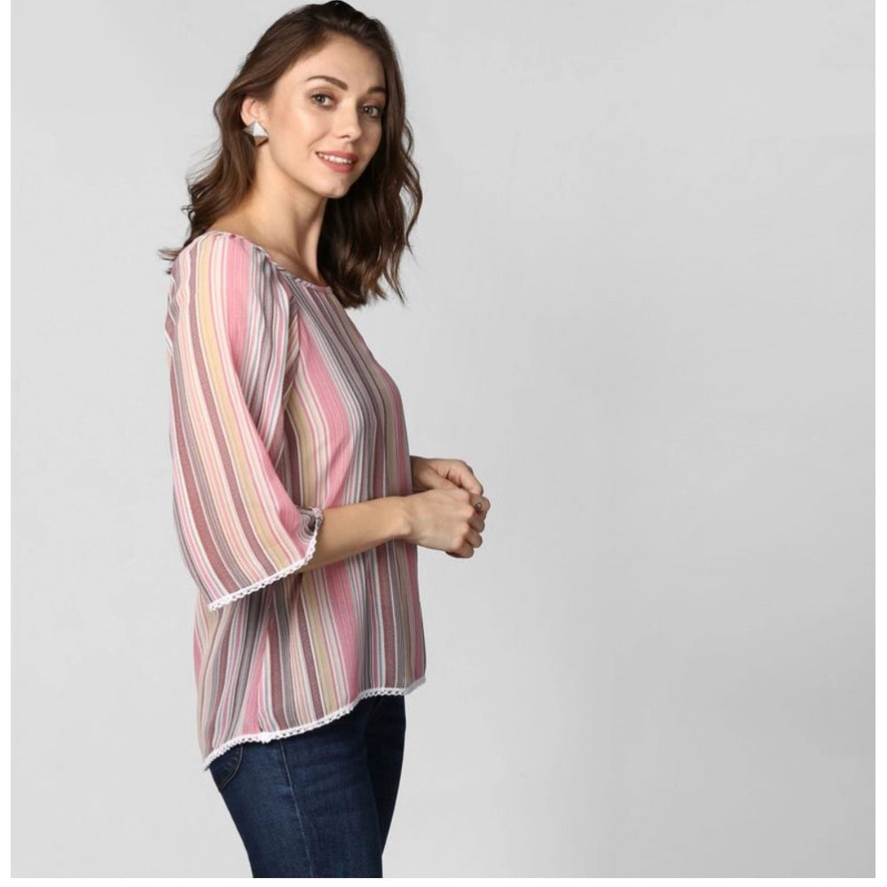 Generic Women's Polyester Striped 3-4th Sleeves Top (Pink)