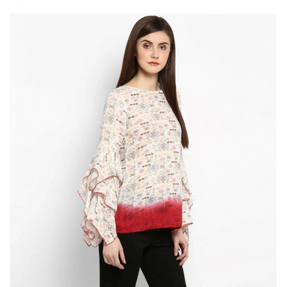 Generic Women's Rayon Crepe Printed Ruffle Sleeve Top (Off White - Red)