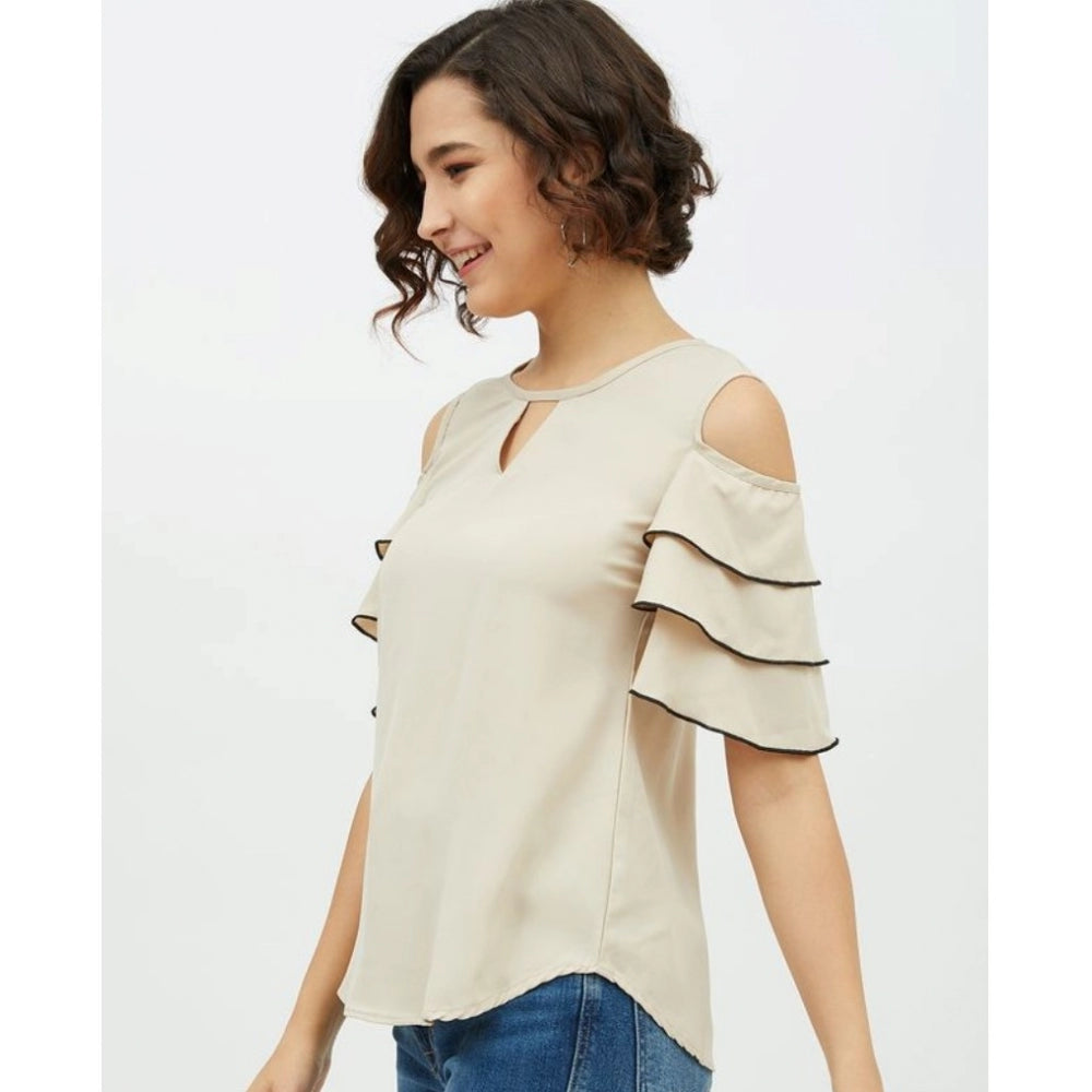 Generic Women's Polyester Tiered Cold Shoulder Top (Beige)