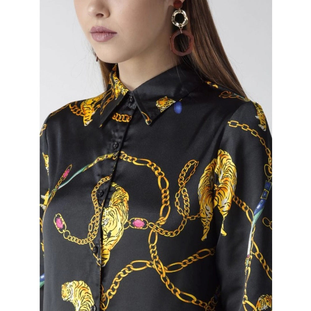 Generic Women's Satin Printed Long Sleeves Standard Length Shirt (Black - Gold)
