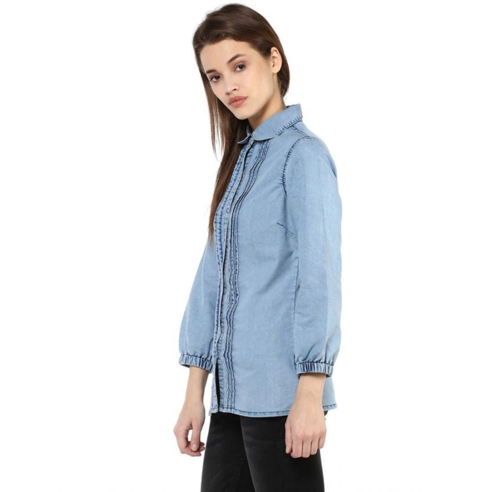 Generic Women's Denim Solid 3-4th Sleeves Standard Length Shirt (Blue)