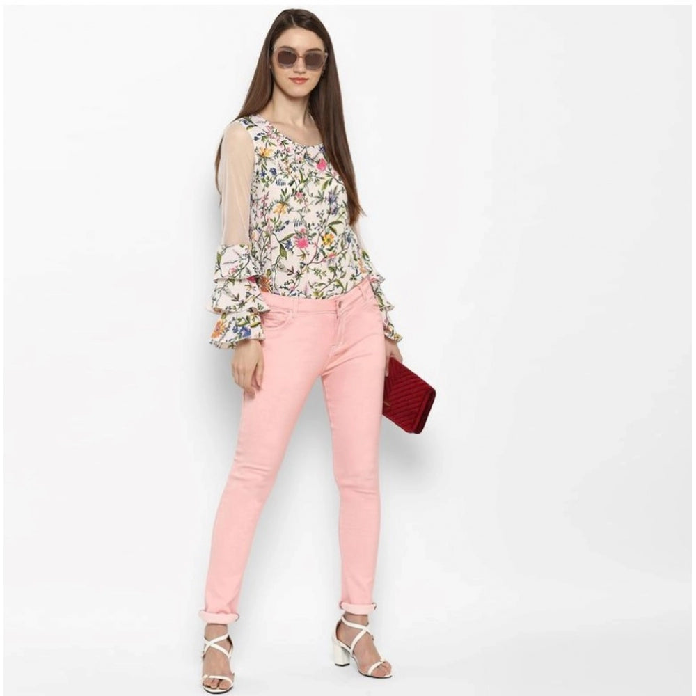 Generic Women's Denim Solid Buttoned Jeans (Pink)