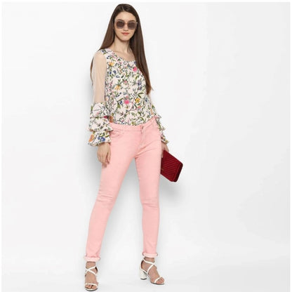 Generic Women's Denim Solid Buttoned Jeans (Pink)