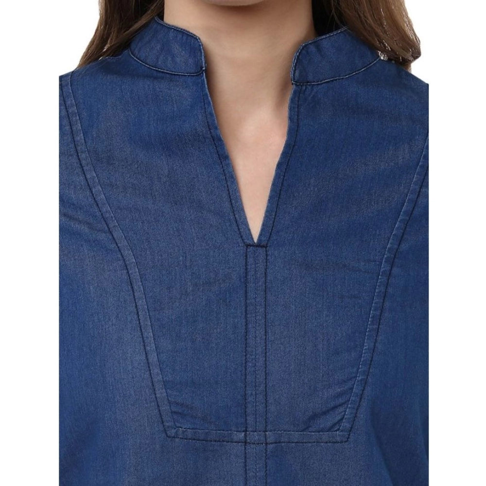 Generic Women's Denim Solid Bell Sleeve Regular Top (Blue Denim)