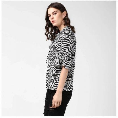 Generic Women's Polyester Animal Print Bell Sleeve Top (Black - White)