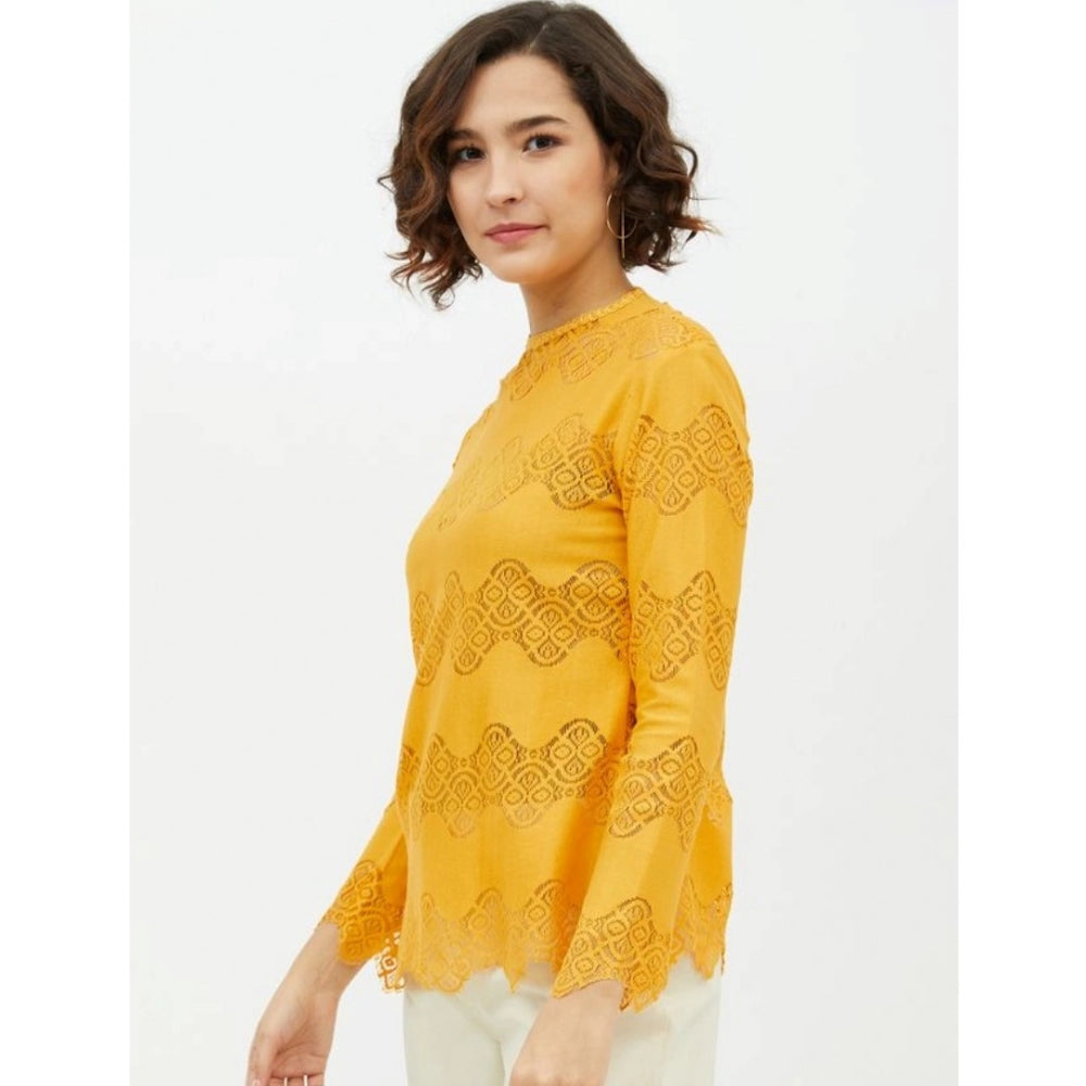 Generic Women's Cotton Lace Inserts Long Sleeves Top (Yellow)