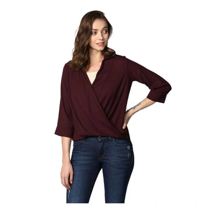 Generic Women's Polyester Solid 3-4th Sleeves Top (Maroon)