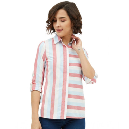 Generic Women's Cotton Striped Long Sleeves Standard Length Shirt (Pink)